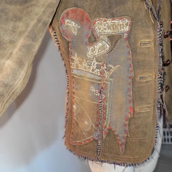 RAW Vintage Distressed Brown Suede Leather Blazer Jacket Applique Buttons M sexy - Picture 12 of 16